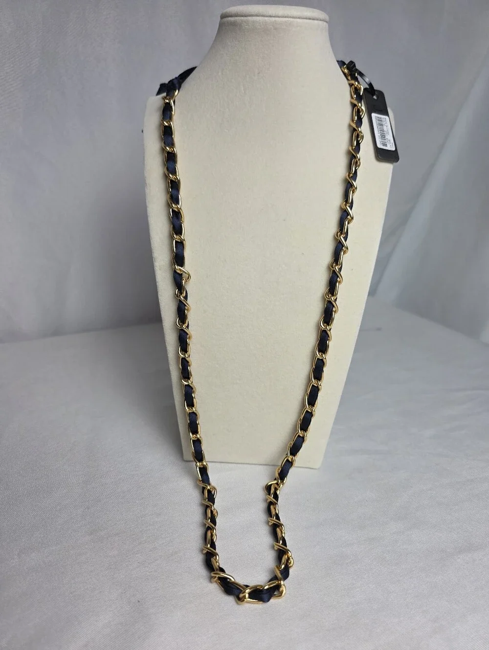 J.Crew New Long Gold Tone Chain Midnight Blue Ribbon Necklace